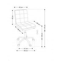 Altezza seduta regolabile: da 45 a 56 cm.  Altezza schienale: da 86 a 97 cm.  Dimensioni seduta: 39 x 42 cm (profondità x larghezza).  Dimensioni schienale: 38 x 42 cm (altezza x larghezza).  Diametro della base con ruote: 55 cm.  Imbottitura seduta: 7 cm.  Altezza regolabile: Si tramite pistone a gas.  Colori disponibili: BIANCO - ROSA - GRIGIO - NERO - MARRONE.