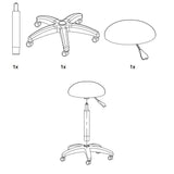 Pratico sgabello dal design ergonomico. Sedile a forma de mezza sfera, regolabile in altezza con un pistone a gas. Rivestimento in PU di alta qualità e stativo cromato con 5 ruote. CARATTERISTICHE:  Dimensioni: Ø33x8 cm. Peso: 7 kg. Rivestimento: PU. Regolazione: 53/73 cm. 