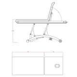 Dimensione con braccioli: 190x70x86(h) cm. Altezza lettino: 53 a 86 cm Inclinazione schienale: 75 gradi. Motore: Si, 1 motore per regolare l’altezza. Pistone a gas: Si, l’inclinazione dello schienale. Portarotolo,Foro viso Poggiabraccia: Si, estraibili e regolabili con pistone a gas. Ruote: Si, 2. Peso Max: 180 kg. Rivestimento: PU. Materiali: PU e metallo. Colori: Bianco (2241.1.A26) e Nero (2241.1.A66). Opzional: Coprilettino e Pedaliera FC-001.