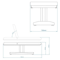 Dimensione con braccioli: 196x70x86(h) cm. Altezza lettino: 63 a 88 cm Inclinazione schienale: 75 gradi. Motore: Si, 1 motore per regolare l’altezza. Pistone a gas: Si, l’inclinazione dello schienale. Portarotolo: Si, incluso Foro viso: Si, cuscino estraibile. Poggiabraccia: Si, estraibili e regolabili con pistone a gas. Ruote: No. Peso: 70 kg. Peso Max: 180 kg. Rivestimento: PU. Materiali: PU e metallo. Colori: Bianco (2247T.1.A26). Opzional: Coprilettino, ruote telecomando e pedaliera FC-001.