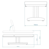 Dimensione con braccioli: 196x70x86(h) cm. Altezza lettino: 63 a 88 cm Inclinazione schienale: 75 gradi. Motore: Si, 1 motore per regolare l’altezza. Pistone a gas: Si, l’inclinazione dello schienale. Portarotolo: Si, incluso Foro viso: Si, cuscino estraibile. Poggiabraccia: Si, estraibili e regolabili con pistone a gas. Ruote: No. Peso: 70 kg. Peso Max: 180 kg. Rivestimento: PU. Materiali: PU e metallo. Colori: Bianco (2247T.1.A26). Opzional: Coprilettino, ruote telecomando e pedaliera FC-001.