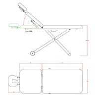 Dimensione con braccioli: 204x68x92 (h) cm. Altezza lettino: 68 a 92 cm Dimensione schienale: 62 x 68  cm. Dimensione gambe e seduta: 112 x 68 cm. Lunghezza max poggiatesta: 30 cm. Inclinazione schienale: 65 gradi. Motore: Si, 1 motore per regolare l’altezza. Pistone a gas: Si, l’inclinazione dello schienale. Foro viso,Ruote Peso Max: 150 kg. Materiali: PU e metallo. Colori: Bianco (2210A.1.A26). Opzional: Coprilettino, portarotolo, telecomando HC-001 e pedaliera FC-001.