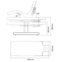 Dimensione: 195x74x90 (h) cm. Altezza lettino: 66.5 a 90 cm Materassino unico: Si. Imbottiura materassino: 11.5 cm. Motore: Si, 3 motori  LED: Si, colori intercambiabili per adattarlo al meglio in ogni singolo centro. Foro viso: Si, con cuscino estraibile. Materiali: PU e metallo. Colori: Bianco (2264.3.A26). Opzional: Coprilettino e Ruote.