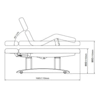 Dimensione: 198x76x86 (h) cm. Materassino unico: Si. Imbottiura materassino: 13 cm. Lettino gambe alte, testa alta Motore: Si, 4 motori LED: Si Portarotolo: Si. Foro viso: Si, con cuscino estraibile. Peso Max: 200 kg. Materiali: PU e metallo. Colori: Bianco light base (2259+.4.A26.LB), Bianco dark base (2259+.4.A26.DB), Opzional: Coprilettino, pedaliera e ruote.