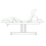 Dimensione: 197x76x91 (h) cm. Altezza lettino: 65 a 91 cm Motore: Si, 3 motori che regolano l'altezza e l’inclinazione dello schienale. Foro viso: Si, con cuscino estraibile. Imbottirura: 9.5 cm. Peso Max: 180 kg. Materiali: PU e metallo. Colori: Bianco (2238TBI.3.A26). Opzional: Pedaliera FC-003 e coprilettino.