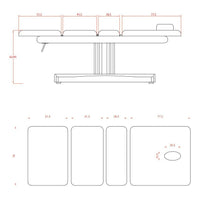 Dimensione: 197x76x91 (h) cm. Altezza lettino: 65 a 91 cm Motore: Si, 3 motori che regolano l'altezza e l’inclinazione dello schienale. Foro viso: Si, con cuscino estraibile. Imbottirura: 9.5 cm. Peso Max: 180 kg. Materiali: PU e metallo. Colori: Bianco (2238TBI.3.A26). Opzional: Pedaliera FC-003 e coprilettino.