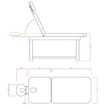 Dimensione con braccioli: 190x70x75 (h) cm. Pistone a gas: No, regolazione manuale. Inclinazione schienale: 45 gradi. Dimensione schienale: 67 x 70  cm. Dimensione seduta/gambe : 115 x 70 cm. Lunghezza: 190 cm. Foro viso: Si, cuscino estraibile. Estensione foro viso: 10 cm. Dimensione foro viso: 26 x 30 cm. Portarotolo: No. Imbottitura: 8 cm. Peso: 38 kg. Peso Max: 180 kg. Rivestimento: PVC. Materiali: PVC. Colori: Bianco (WKS001.A26.DB).