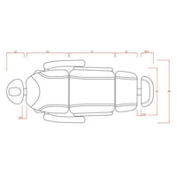 Dimensione con braccioli: 190x89x108 (h) cm. Motori: Si 3 o 4 motori per regolazione dell’’altezza, l’inclinazione dello schienale e l’inclinazione della seduta. Braccioli estraibili: SI, reclinabili. Pistone a gas: Si. Foro viso: Si, cuscino poggiatesta Peso Max: 180 kg. Materiali: PU e metallo. Colori: Bianco 3 motori (2235B.3.A26), Bianco 4 motori (2235D.4.A26) e Bianco 4 motori riscaldato (2235D.4.A26.HT).