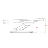 Dimensione con braccioli: 190x89x108 (h) cm. Motori: Si 3 o 4 motori per regolazione dell’’altezza, l’inclinazione dello schienale e l’inclinazione della seduta. Braccioli estraibili: SI, reclinabili. Pistone a gas: Si. Foro viso: Si, cuscino poggiatesta Peso Max: 180 kg. Materiali: PU e metallo. Colori: Bianco 3 motori (2235B.3.A26), Bianco 4 motori (2235D.4.A26) e Bianco 4 motori riscaldato (2235D.4.A26.HT).