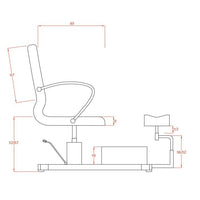 Dimensione con base e poggiapiedi: 120x61x134 cm. Dimensione solo seduta: 47x49x134 cm. Altezza: regolabile: 119 a 134 cm . Altezza seduta: da 52 a 67 cm. Dimensione bracciolo: 45x6 cm. Dimensione poggiapiedi: 22x30 cm. Altezza poggiapiedi da pavimento: da 36 a 52 + 3 cm  di estensione. Dimensione vasca: 40x30x16 (h) cm. Capacità vasca pedicure: 10 lt. Peso massimo supportato: 150 kg. Rivestimento: PVC. Materiali: PVC e metallo. Colori: Bianco (WKS004.A26).