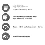 Alimenzione con cavo di lunghezza 2 mt, molto leggera con peso di soli 520 g. Regolazione della lunghezza di taglio MULTICLICK® con 6 posizioni tra 0,5 e 2 mm, con lama da 46 mm. Tagliacapelli a basso consumo ma, allo stesso tempo rotazione di otore a indotto oscillante, resistente e durevole fino a 6000 giri per minuto.     Velocità motore: 10W con 6000 giri minuto.     Materiali: PLC.     Colore: Bordeaux.     Rialzi: SI, 1.5 mm.     Dimensioni: 175 × 69 × 50 mm.     Lunghezza cavo: 2 mt.