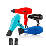 Tipologia phon: Compatto.  Colori: nero, rosso, blu e tiffany.  Colpo d’aria fredda: Si.  Regolazione temperature: Si, 3.  Beccucci in dotazione: Si, 2.  Filtro removibile: Si.  Regolazione velocità: SI, 2.  Lunghezza cavo: 2.5 mt.  Potenza: 2000 watt 220-240V~ 50/60 Hz, Motore AC Long Life.  Peso: 490 g Dimensioni: cm 21x26h Ø 7,5