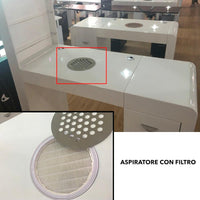 Passacavi posti in punti strategici del tavolino nails per aiutare a tenere tutto in ordine senza cavi a vista. Aspiratore incluso da 24W , in abbinamento alla modalità con risparmio energetico i 24W di questo aspiratore sono paragonabili ad un aspiratore da 30W di un classico aspiratore con sacchetto Dimensioni Lunghezza: 120 cm Spessore: 48 cm Altezza: 80 cm al ripiano / 135,50 cm alla fine della colonna