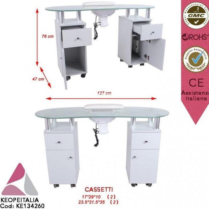 TAVOLO MANICURE IN LEGNO BIANCO LACCATO DOPPIA CASSETTIERA RUOTE 6 CSSETTI  POGGIAMANO CON ASPIRATORE A CASSETTO KEOPALIA REGIN KE-131040 PER ESTETISTA  CENTRO ESTETICO SPA NAIL ART RICOSTRUZIONE