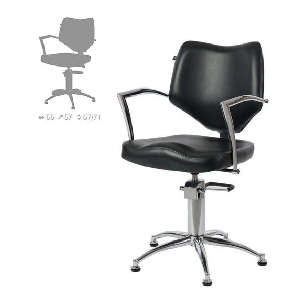  Poltrona da taglio, di colore nero, con braccioli e base a stella cromati. Questa poltrona è regolabile in altezza da 57 a 71 cm. CARATTERISTICHE:  Dimensioni lavatesta: 55x57x(h)57/71 cm.  Materiali: Pvc, metallo.  Colore: Blu.  Poggiatesta: No.